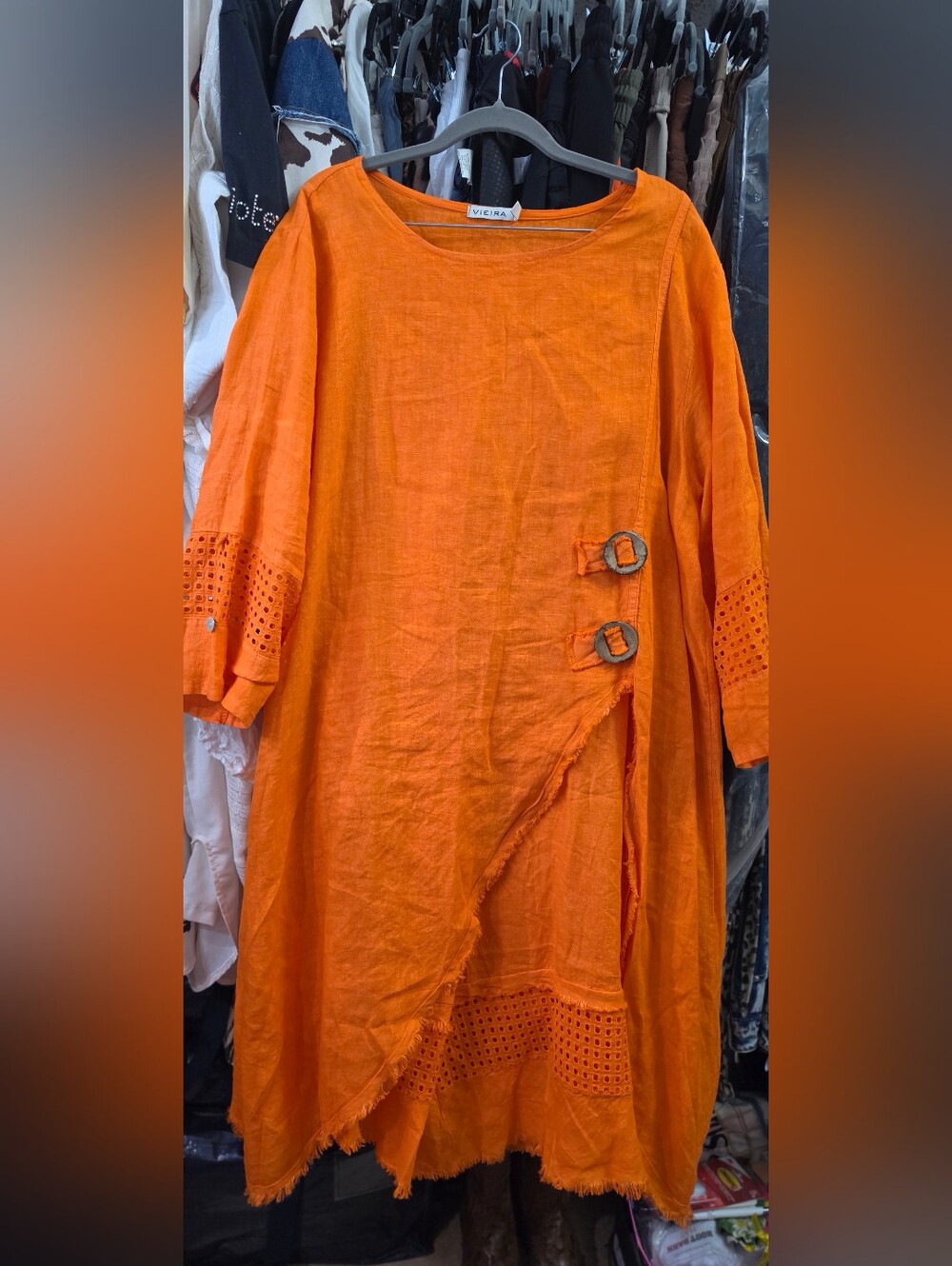 Orange Linen Tunic Pant Suit with Wide Leg And Buckle Detail